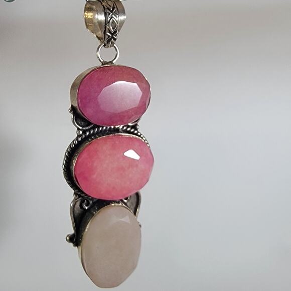 Pink Gemstone Pendant – Sapphire & Rose Quartz Trio + 20" Silver Snake Chain - Picture 1 of 10